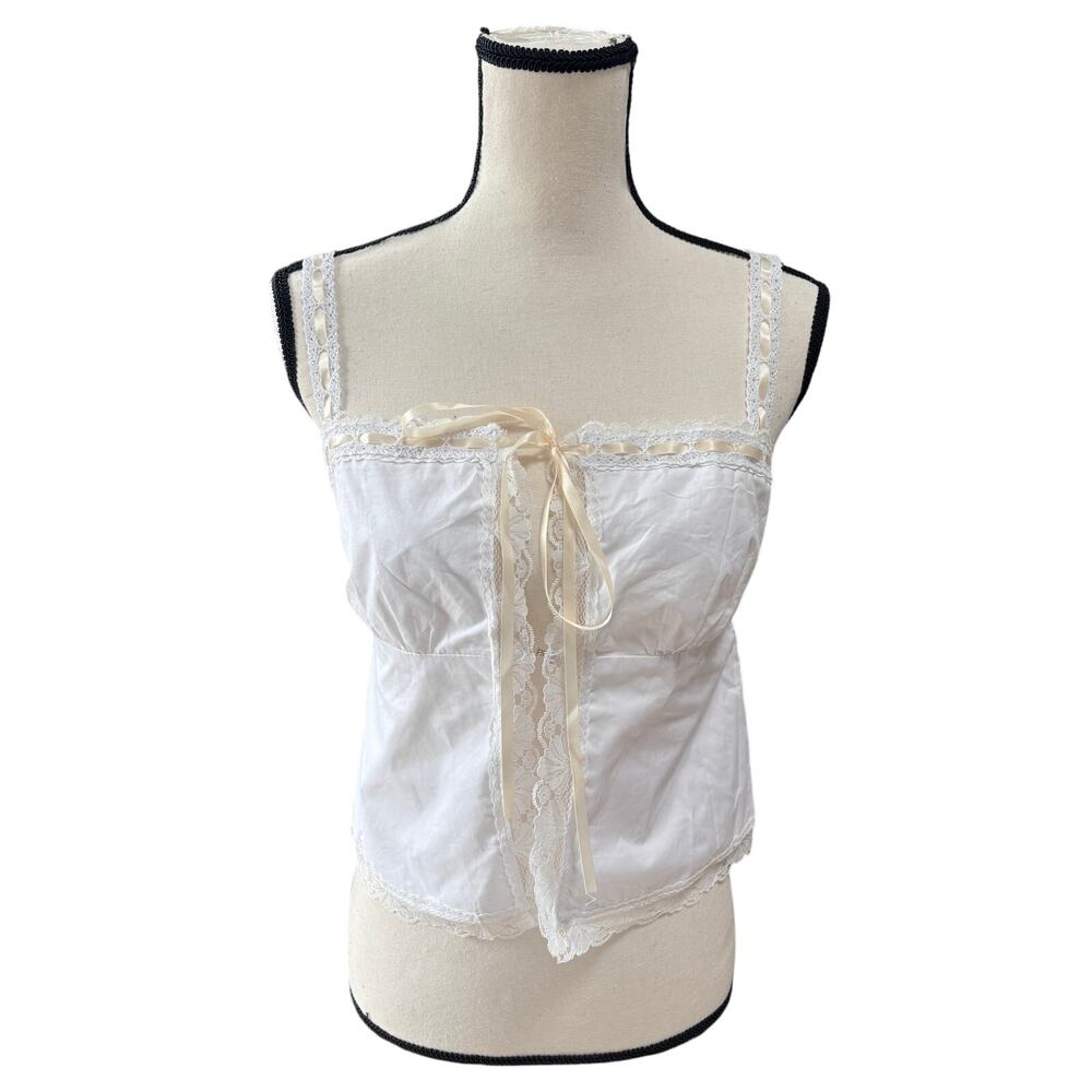 Rumored Women's M White Cotton Lace Cami Ribbon Tie Vintage Love